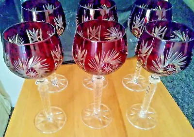Buy 6 Cranberry Colour 24%pbo Lead Crystal Wine Glasses, In Used Exellent Condition • 48.44£
