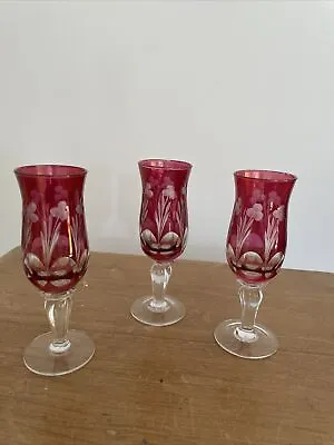 Buy  Sherry Liqueur Small Glasses Red Cranberry Glass Etched Vintage X 3 • 15£