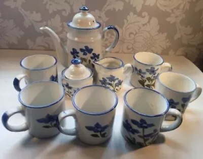 Buy Coffee Tea Set Hand Painted Blue Flowers Vintage 1970 Stoneware  • 29.99£