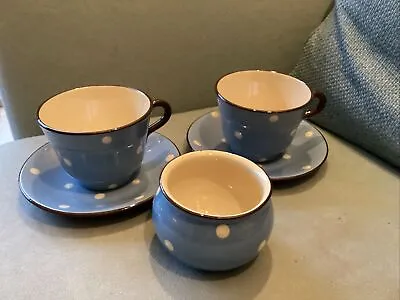 Buy BABBACOMBE POTTERY Made In Torquay VIntage Blue & White Spot Cups, Saucers Sugar • 24£