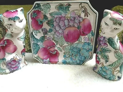 Buy Lovely Pr Of 7  Cat Ornaments & Matching Display Plate -made In China Pink Fruit • 19.99£