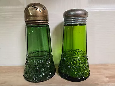 Buy Antique Tall 5   Ornate Dark Green Glass Muffineer Shakers Bubbles Screw Tops • 16.96£