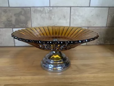 Buy Vintage Amber Glass Chrome Fluted Pedestal Decorative Fruit/ Treat Dish/bowl • 15£