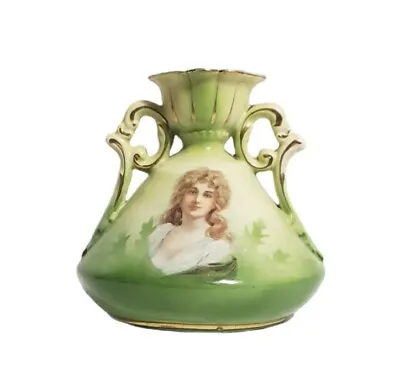 Buy Antique Austrian Porcelain Green Lady Portrait Vase C. 1900 Double Handle • 33.15£
