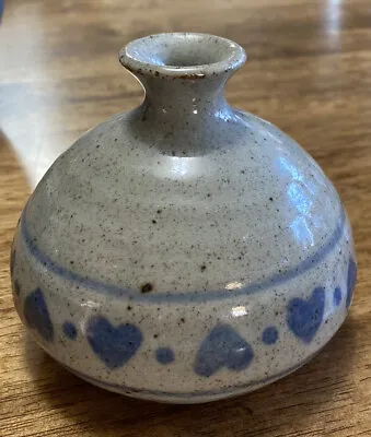 Buy Art Pottery Signed Vase Gray Speckled Glaze W/ Blue Hearts & Border • 14.41£