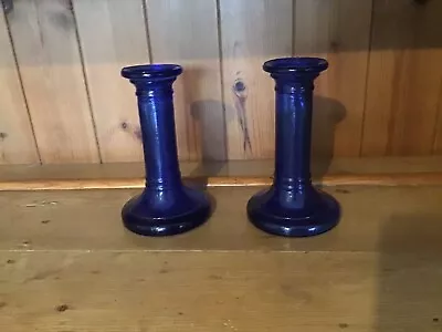 Buy Matching Pair Of Vintage Cobalt Blue Glass Candlesticks 15 Cm Tall • 20£
