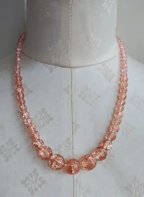 Buy Vintage Art Deco Peach Pink Crackle Glass Beads Necklace • 15.99£