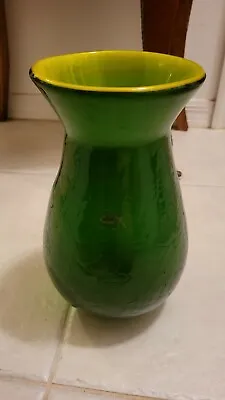 Buy RARE Blenko Green Yellow Hand Blown Glass Vase Made USA With Crackle Art Design  • 118.31£