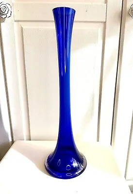 Buy Vintage Mid Century Handblown Tall Cobalt Blue Glass Trumpet Vase 40cm 16” • 28£