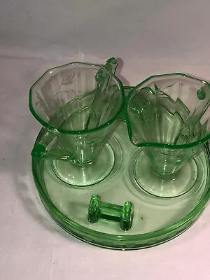 Buy Vintage Green Depression Glass Creamer And Sugar With Caddy • 33.20£