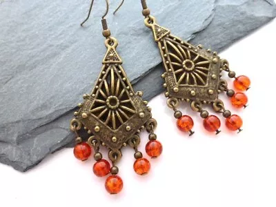 Buy Boho Ethnic Antique Bronze & Orange Crackle Glass Chandelier Pierced Earrings • 5.10£