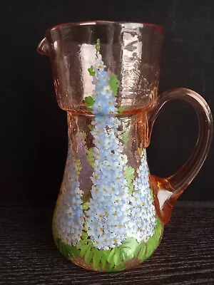 Buy Antique Crackle Glass Pitcher Amber Handblown Moser Style Bohemian Handpainted • 10£