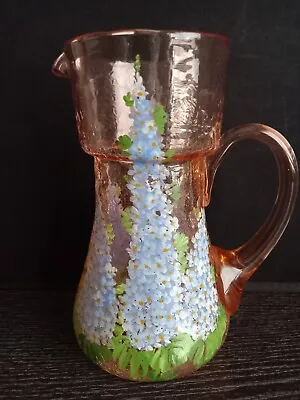 Buy Antique Crackle Glass Pitcher Pink Amber Handblown Moser Floral Handpainted RARE • 16.50£