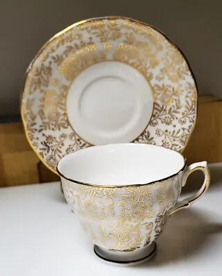 Buy Royal Vale Bone China TEA CUP & SAUCER Gold /White Floral Made In ENGLAND • 18.97£