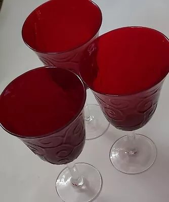 Buy Vintage Ruby Red  With Swirling Design  Set Of 3 Wine Stemware Glasses 6 Oz • 28.94£