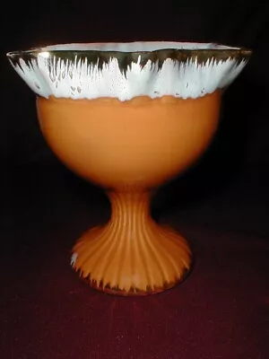 Buy 159-USA Pottery Orange Footed Compote Planter W White Drip Glaze Scalloped Rim • 19.25£