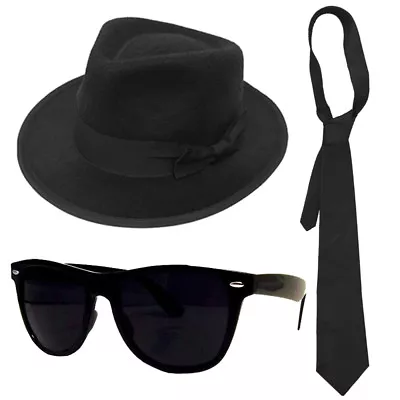 Buy Adults Gangster Set Blue Brothers Hat Tie Glasses Mens 1920s Fancy Dress • 1.99£