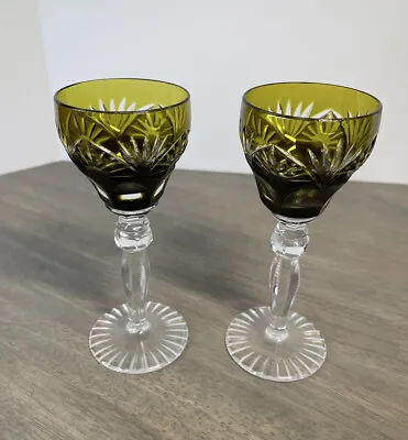Buy 2 CUT TO CLEAR 5  Cordial Wine Glasses Bohemian Czech RARE Green COLOR Small • 28.72£