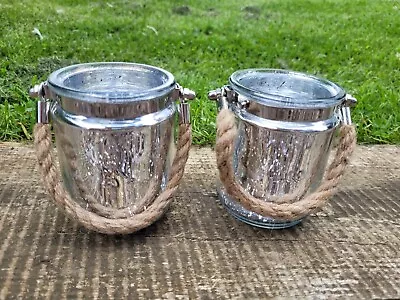 Buy Brand New Pair Of Silver Mercury Glass Tealight Candle Holders With Rope Handle • 9.99£