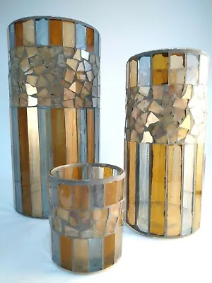Buy Set Of 3 - Hurricane Cut Glass Candle Holders - Pillar, Votive - Brown, Lt Blue • 28.90£