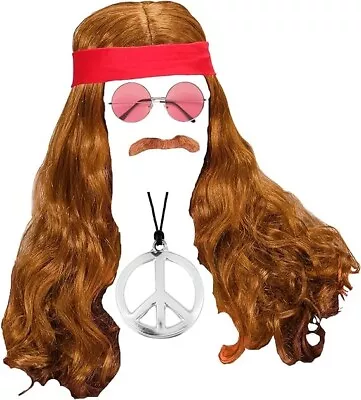 Buy 60s 1970s Hippie Men Costume Accessories Wig, Bandana, Mustache, Glasses & Sign • 6.89£