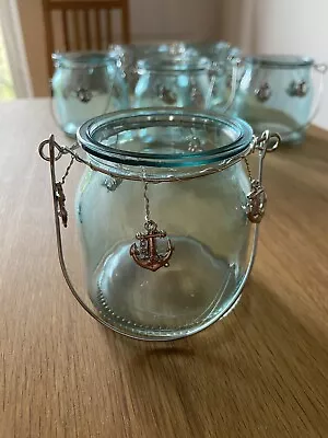 Buy Glass Tealight Holders, Turquoise Blue - Wire Handles + Anchors Attached To Rim • 5£
