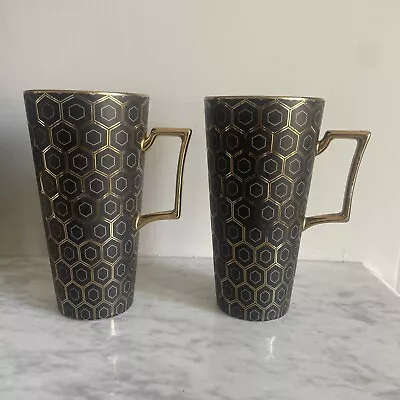 Buy Fox & Ivy Black And Gold Tall Latte Mug PAIR With Hexagon Pattern • 15£