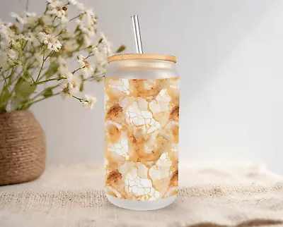 Buy Orange & White Marble Frosted Glass Can W/ Bamboo Lid 16 Oz Glass Cup By Mugzan • 17.25£