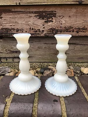 Buy Pair Of Antique Opalescent White Milk Glass Candlesticks Maker Unknown VGC • 9.99£