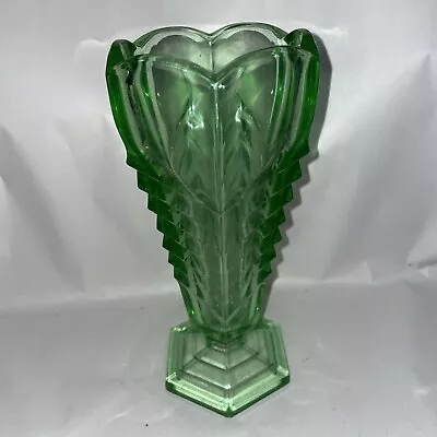 Buy Antique / Vintage Art Deco Green Pressed Glass Hexagonal Shaped Vase, 1930s • 11.99£