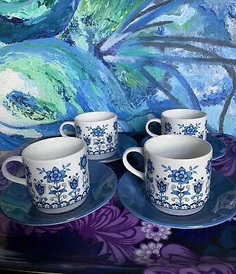 Buy Johnson Brothers Tudor Blue Ironstone Retro Mid Mod Floral Tea Cups/saucers X4 • 4.99£