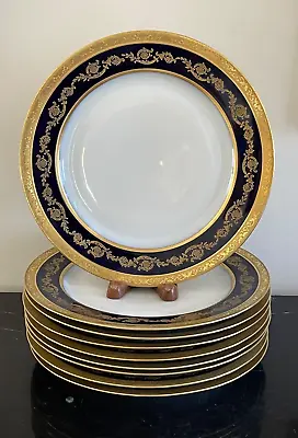 Buy Antique T&V Limoges France Cobalt Blue And Gold Embossed Dinner Plates Set Of 9 • 518.80£