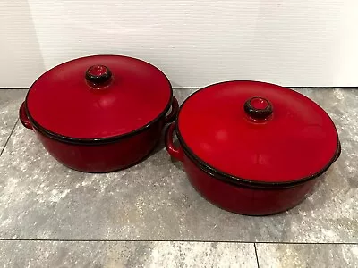 Buy Pair Of Red Glazed Stoneware Cooking Pots With Lids - Kitchenware Red And Black • 11.99£