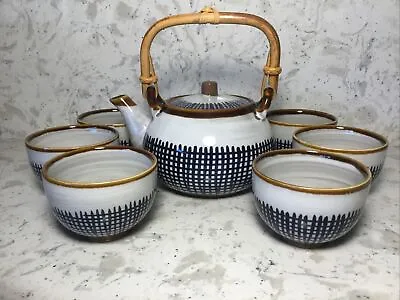 Buy Vintage Blue & White E W Japan Porcelain Teapot W/Bamboo Handle & 6 Cups • 33.58£