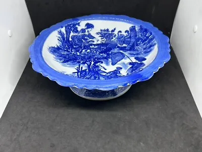 Buy Vintage Flow Blue Victoria Ware Ironstone Shallow Pedestal Bowl • 47.32£