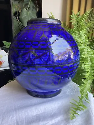 Buy Moroccan Hand-painted Safi  Ceramic Ball Pot Indigo Blue Round 26cm • 40£