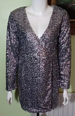 Buy NEW Boohoo Boutique Gemma Sequin Wrap Bodycon Dress, Grey UK 14 • 19.95£