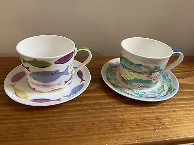 Buy Pair Cath Kidston Fine Bone China Cups And Saucers Beacon View And Fishes • 29.50£