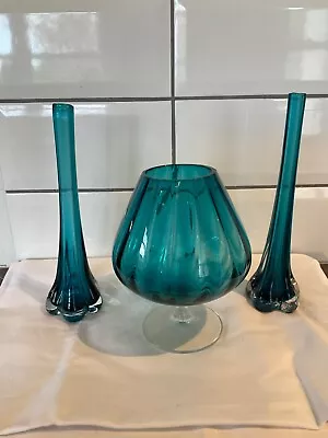 Buy   Vintage 1970’s Blue Glass Vases X 3.  1 Brandy Glass Shape And 2 Bud Vases. • 5.99£