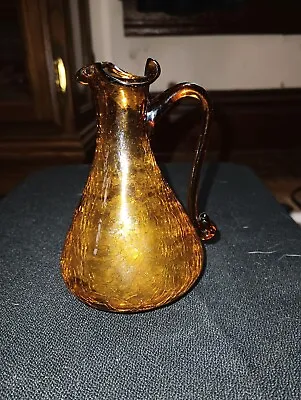 Buy Gold Amber Crackle Glass Mini Pitcher Handblown Applied Handle 4 1/2 Inches • 9.49£