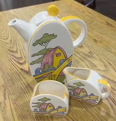 Buy Rare Clarice Cliff - Bizarre  Pink Roof Cottage  Bonjour Coffee Set By Wedgwood. • 350£