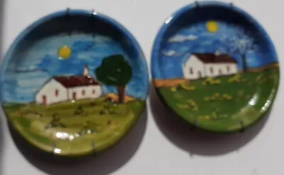 Buy 2 Algarve Portugal Hand Made Scenic Pottery Plate Vintage Wall Hanging 1993 9cm • 12.99£