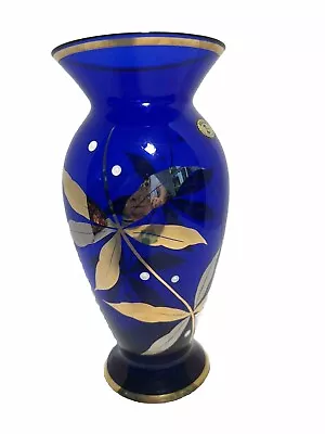 Buy Czech Bohemia Crystal Cobalt Blue Vase With Gold Tone Trim And Flowers 8.25” • 36.44£