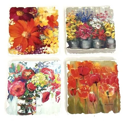 Buy SET OF 4 Highland Home Floral Tumbled Tile Absorbent Stone Coasters Flowers • 19.30£