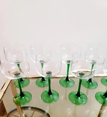 Buy 9 Emerald Green Hand Cut Clear Wine Glasses Glassware Cocktail Bar Dinner France • 61.64£