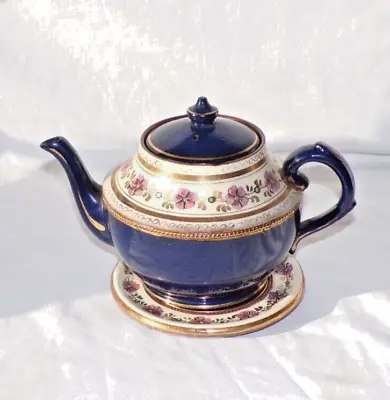 Buy Decorative Teapot & Tray Blue + Enamel Floral Relief Vintage Collectable Welsh ? • 35£
