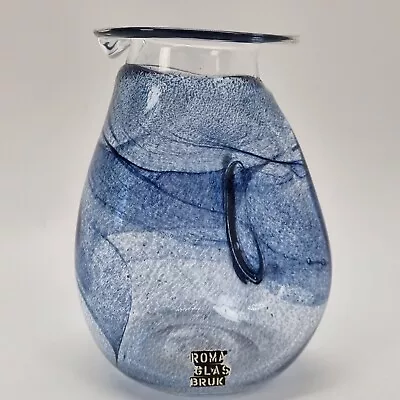 Buy Studio Art Glass Pitcher Jug Cobalt Blue Swirls Signed Sweden Roma Glasbruk • 56.58£