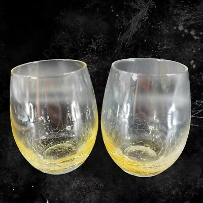 Buy Pier 1 Yellow Crackle Double Old Fashion Drinking Glasses Tumblers Set 2 Glasses • 37.95£