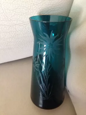 Buy Antique Deep Turquise Green Glass Hand Engraved Vase Iniitials Mh • 10£