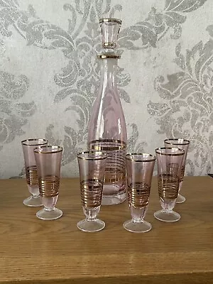 Buy Vintage Bohemian Decanter Set 6 Cups Glass Pink  Decanter With Gilded Stripes • 30£